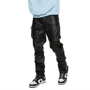 Pantaloni da <span class=keywords><strong>uomo</strong></span> con Logo personalizzato in finta pelle a metà vita dritta pantaloni Casual in pelle sintetica - Product Image 3