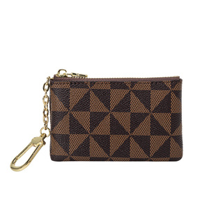 Portefeuille personnalisé à fermeture éclair en cuir PU à carreaux marron Porte-monnaie de petite marque de créateur avec porte-clés Porte-cartes de crédit - Product Image 4