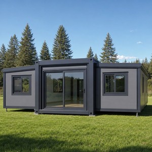 Bureau ou cabine de vie modulaire extensible avec deux sections latérales, entrée large en verre, grandes fenêtres - Product Image 1