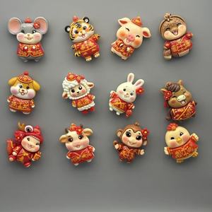 Imanes para nevera del zodíaco chino, figuras de animales de traje tradicional rojo para decoración del hogar - Product Image 3