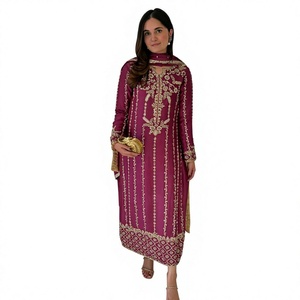 Ensemble Salwar Kameez brodé violet pour femmes, Kurta et pantalon avec dupatta, vêtements ethniques pakistanais pour mariage et fête - Product Image 1