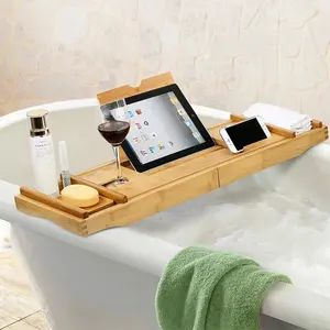 गर्म बेचने समायोज्य लक्जरी प्राकृतिक रंग लकड़ी के बांस बाथरूम आयोजक बाथटब चायदान स्नान ट्रे के साथ शराब धारक