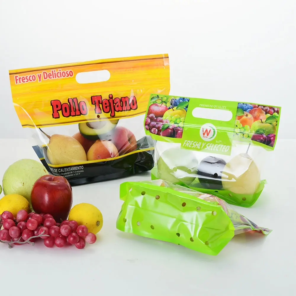 Bolsas de plástico reciclable con cremallera para fruta y verdura, 500g, 1kg, 2kg, embalaje personalizado