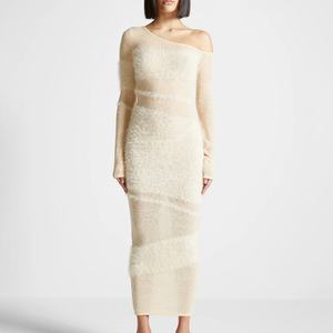 Vestido Elegante de Moda para Mujer, Color Sólido, Manga Larga, Suéter Esponjoso, Vestido Ajustado hasta la Rodilla - Product Image 3