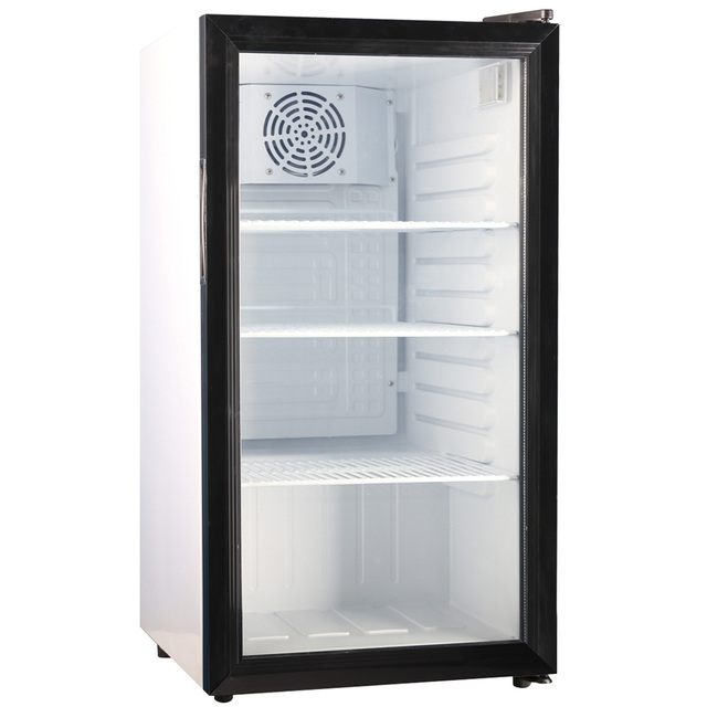 Small Compact Display Cooler Refrigerator with Glass Door 90L Capacity 56 Bottles 3 Shelves for Home Bar Drink Cooling