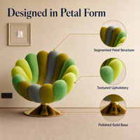 Fauteuil pivotant moderne et artistique avec accents de pétales de fleurs, coloré arc-en-ciel, en velours doux et pieds en métal