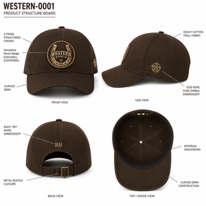 Gorra de béisbol al por mayor de sarga de algodón de 6 paneles con insignia de herradura estilo Western Heritage Pack, importada para minoristas de ranchos con logotipo personalizado - Product Image 3