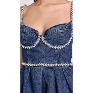 Nouvelle Robe en Jean pour Femme, Collection Automne, Vente en Gros, Bretelles Fines Sexy, Robe Modeste en Denim Ornée de Strass - Product Image 3