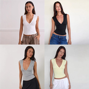 Camiseta sin Mangas con Cuello en V Profundo para Mujer, Modelo TS-032, Informal, de Punto, de Algodón, Ajustada, de Color Sólido, para Verano - Product Image 2