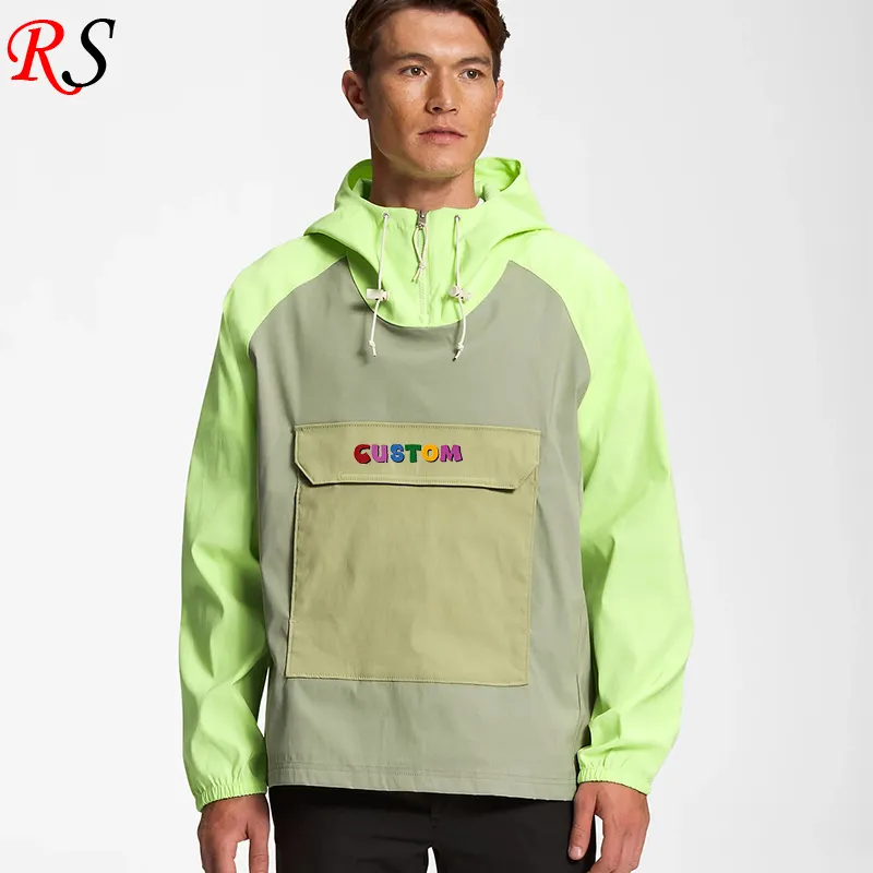 Hot Sale Custom Logo Wind dichte Quarter Zip Kapuzen jacke Neon Green Color block Wind breaker