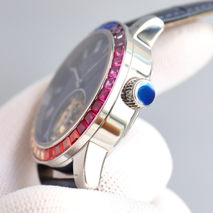 Montre mécanique vintage la plus vendue pour collectionneur, design classique noir avec incrustation de pierres précieuses colorées, véritable tourbillon lumineux - Product Image 3