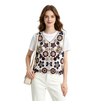 Gilet en crochet floral de style occidental avec détails de mini-perles, élégant et décontracté pour femme