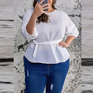 העליון שרוול שלושה רבעי מוצק אלגנט לנשים עם עלים עגולים חצי-גובי בתוספת גודל חגורת החולצה גודל קישוט הדפסה אלגנטי - Product Image 2