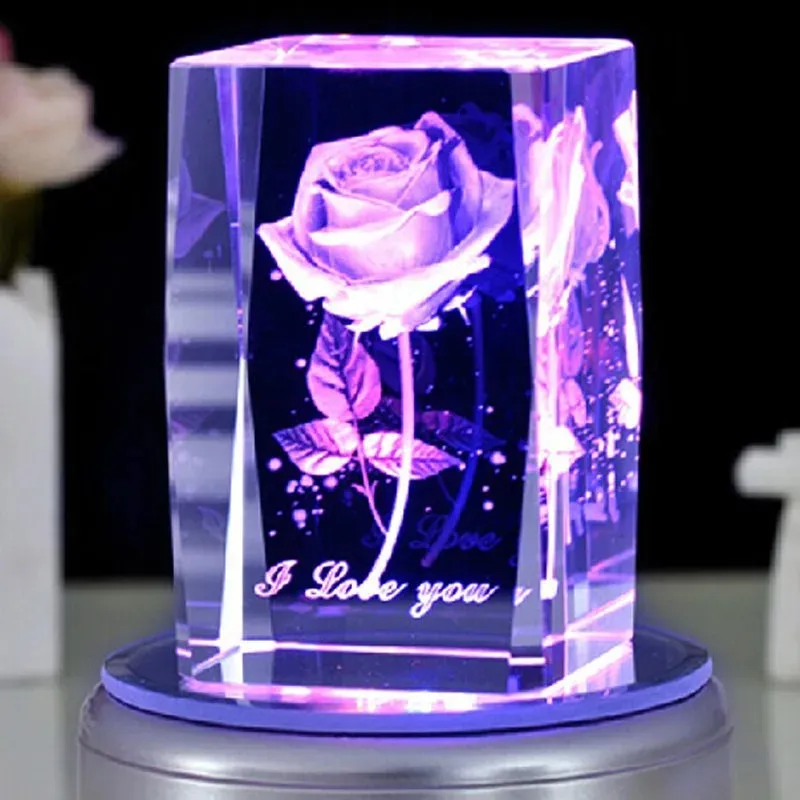 Honor of crystal Wedding gifts Led Light Glass crystal Cube Rose 3D Laser Engraved Crystal blank With Base