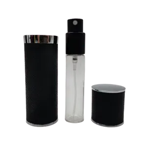 Fabrika özel sprey şişesi seyahat taşınabilir Mini Pu deri boş cam beyaz/siyah alüminyum 10ml parfüm atomizör