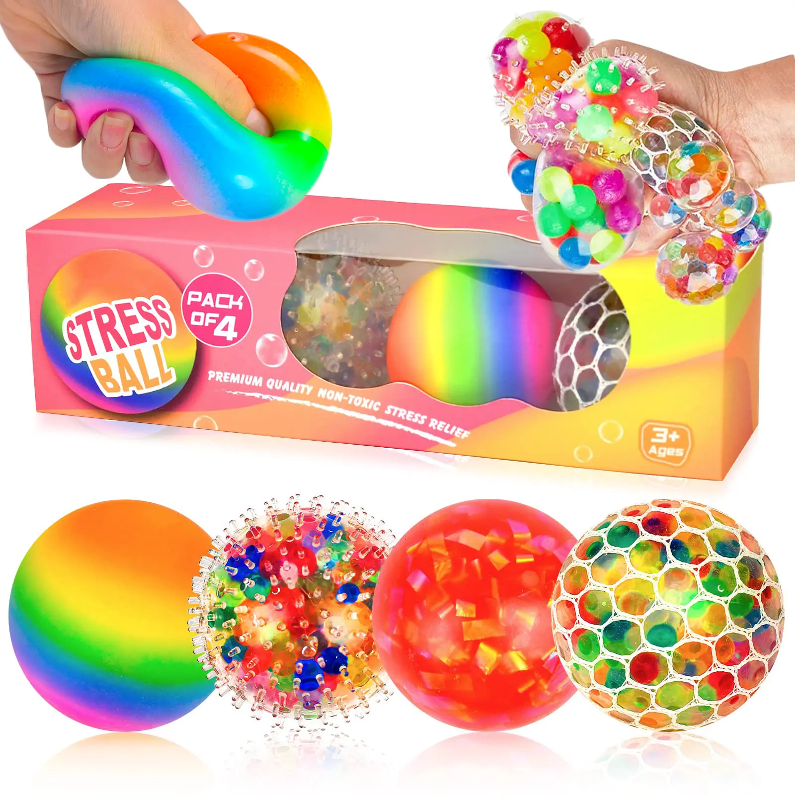 4 paket Squishy stres topları stres oyuncakları duyusal boncuk topu seti gökkuşağı örgü Squishy su boncuk Needoh sıkma topu