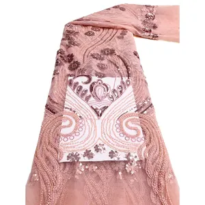 NI.AI sıcak satış fransız tül Net dantel kumaşlar için düğün elbisesi yeni tasarım boncuklu nakış payetler kumaşlar