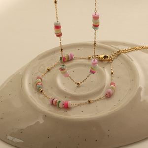 Macaron Dreamy Color Nature Beads Cadena Collar Pulsera Conjuntos Chapado en oro Conjunto de joyas de acero inoxidable Girly Pink Beads Chain - Product Image 2