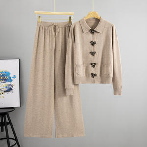 Conjunto de Punto <span class=keywords><strong>con</strong></span> Cuello Polo ELEGANTE para Mujer, Estilo Transfronterizo, Otoño Invierno, Nuevo Suéter de Manga Larga, Abrigo, Conjunto de Pantalones Anchos 0857 - Product Image 6