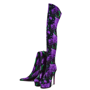 Big Size 48 Side Zipper Thigh High <b>Boots</b> Women's Stiletto Thick <b>Platform</b> Over-knee Floral Pattern <b>Boots</b> Stretchy Fabric Shoes - Product Image 1