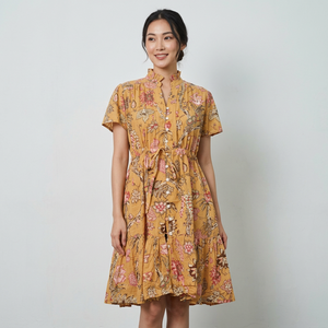 Elegante Vestido Mini de Verano Estilo Vintage para Mujer, Hecho a Mano con Algodón Orgánico, Cuello Redondo, Manga Larga, Estampado Floral, Transpirable - Product Image 1