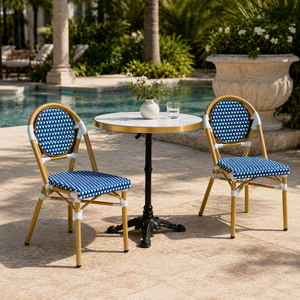 FALAND OEM/ODM Custom Modern Waterproof <b>Stack</b> Outdoor Bistro <b>Dining</b> Set Blue Teak Rattan <b>Chairs</b> Round Table for Cafe Restaurant - Product Image 1