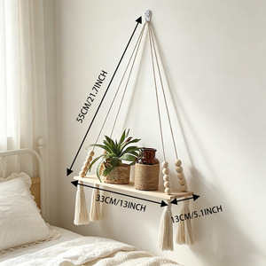 Wooden Tassel Hanging <b>Shelf</b> Rectangle Wall Mounted Bedroom Decorative Storage <b>Rack</b> For Plants And Accessories - Product Image 4