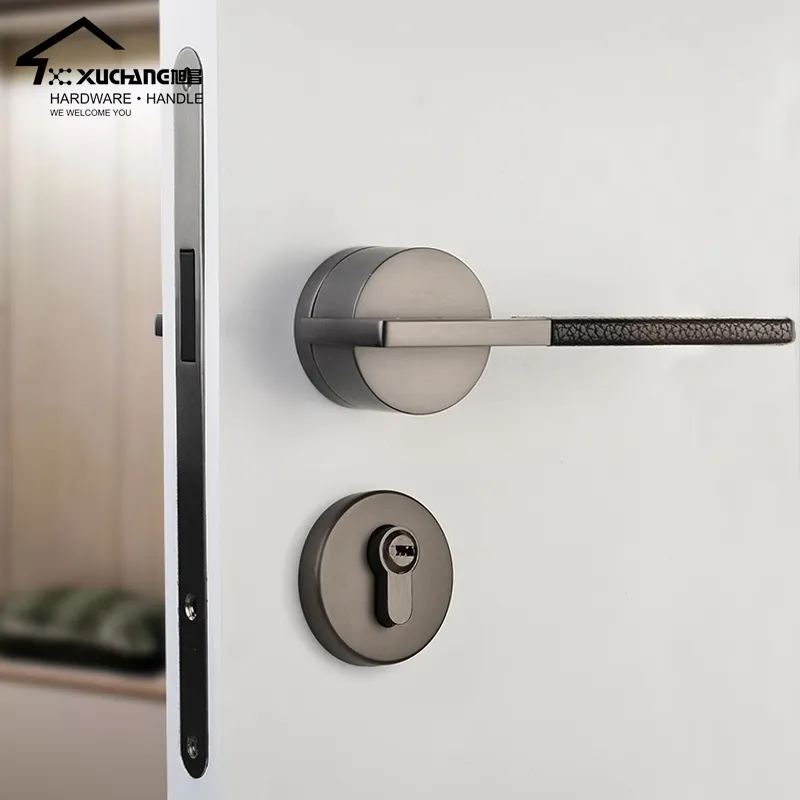 High Quality Leather Zinc Black Pearl Grey Door Handles Lock Interior Wooden Door Magnetic Lock Handle Set