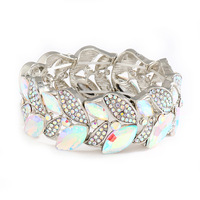 Bracelet élastique en alliage de luxe en forme de feuille, entièrement orné de zircons, tendance et polyvalent, vente chaude HL OEM/ODM, idéal pour un cadeau
