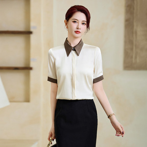 Women's Summer Workwear Short Sleeve Shirt Polyester Breathable Office Restaurant Uniform White Apricot Color - Product Image 2