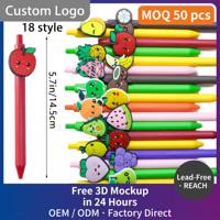 18 stuks Kawaii Fruit Charm intrekbare balpennen, schattige cartoon fruitpennen met rubberen bedels, kleurrijke klikpennenset