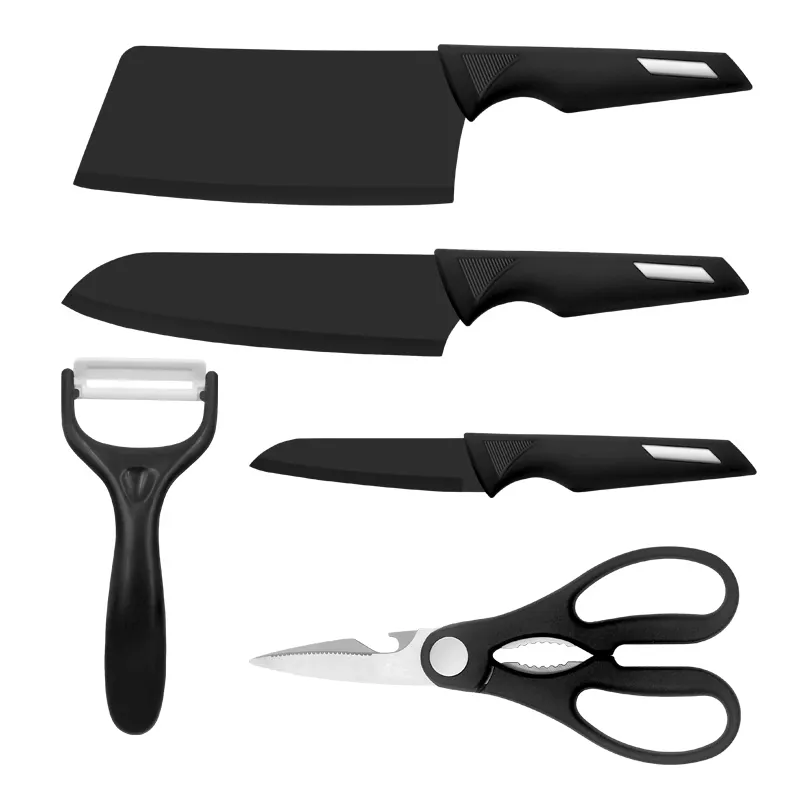 color box black non-stick coating knife 4 pcs chef kitchen knife set with ceramic peeler