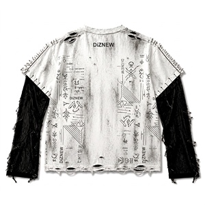 Camiseta Gruesa Blanca Lavada IZNEW con Estampado de Totem de Brújula y Runas Vikingas, Hombro Ovalado, Manga de Malla con Rasgaduras, Hilo con Flecos, Estilo Gótico, Unisex, Personalizada OEM - Product Image 2