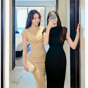 Summer New Sexy Off Shoulder Irregular Bodycon Slit Long Dress For Women Black Apricot Solid Color Natural Waistline - Product Image 1