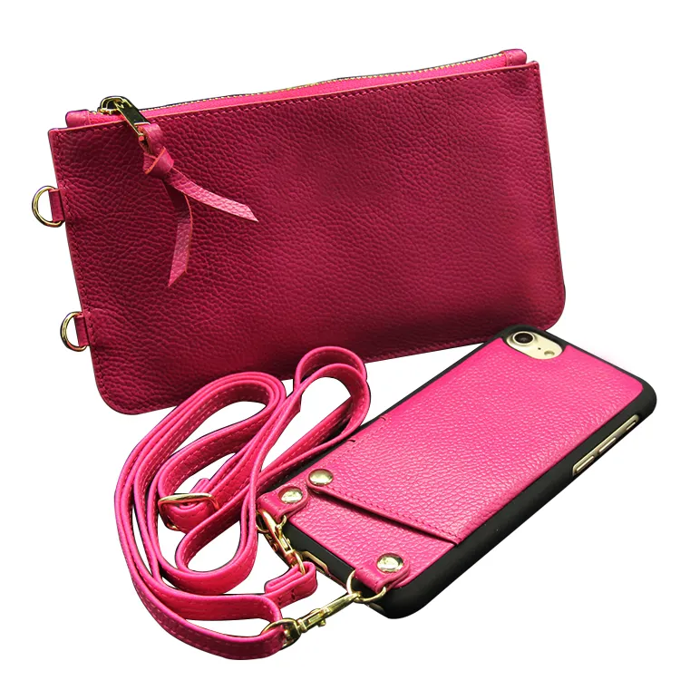 Long Chain Wallet Crossbody Leather Phone Case For IPhone Genuine Leather Cell Phone Wallet Cases With necklace