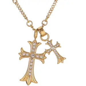 Dainty Tiny18k Gold Double Cross Pendant Necklace Charm Chain Choker Necklace Real gold jewelry 18k with certificate