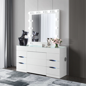 Modern Solid Oak Wood Dresser Vanity Table with Adjustable Lighted Mirror and Storage <b>Drawers</b> for Bedroom - Product Image 1