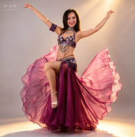 Ensemble de danse du ventre scintillant avec jupe en mousseline, costume à paillettes et strass, 5 pièces, pour spectacle sur scène, pour femmes