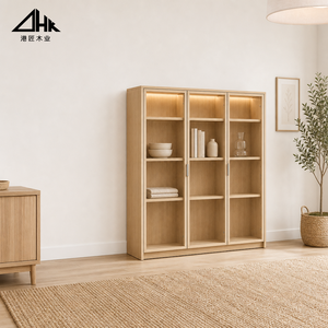 Vitrine <span class=keywords><strong>en</strong></span> <span class=keywords><strong>chêne</strong></span> clair <span class=keywords><strong>avec</strong></span> trois portes vitrées, étagères réglables et éclairage intérieur pour salon, livrée <span class=keywords><strong>en</strong></span> kit - Product Image 2