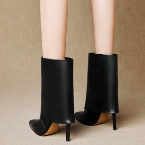 Solid Folding Design Pointed Toe Booties for Women Thin High Heel Slip-on Short Shoes Fashion Western Plus Size 43 Ankle <b>Boots</b> - Product Image 6