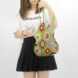 Sac fourre-tout de plage tendance style ethnique, sac à <span class=keywords><strong>main</strong></span> tissé à la <span class=keywords><strong>main</strong></span> ajouré, sacs au crochet tricotés à la <span class=keywords><strong>main</strong></span> à motif floral - Product Image 5