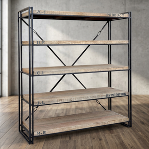 Industrial & Vintage Home Furniture Modular Eco-Friendly General Use Iron Metal & <b>Solid</b> Mango <b>Wood</b> 5 Tier Book Shelf - Product Image 3