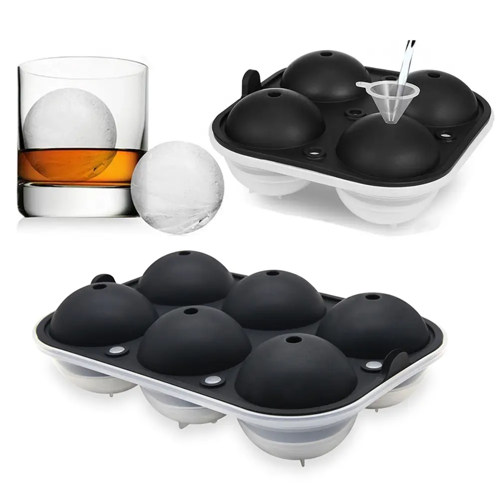 BHD Custom Flexible Large 2 Inch Whiskey Ice Ball Maker Mold Easy Release 6 Cavity Round Sphere Silicone Ice Cube Tray With Lid