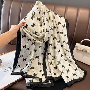 Newest Stylish Fashion Black White Butterfly Pattern Silk Scarf Muslim Hijabs Luxury Designer Polyester Silk Scarves For Women