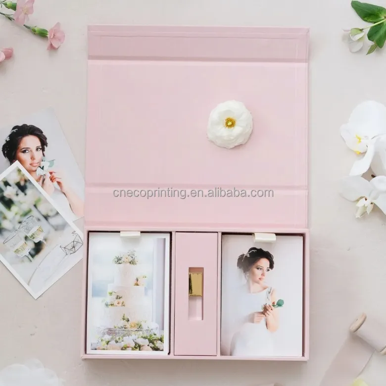 Caixa de papel para casamento, logotipo personalizado, capa de linho rosa, foto dupla, caixas de armazenamento USB flash drive