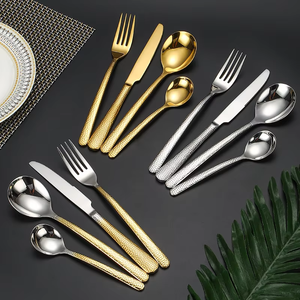 Luxury Golden Wedding Silverware Stainless Steel Cutlery Hammer <b>Flatware</b> <b>Set</b> - Product Image 3