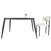 Table à manger rectangulaire en pierre frittée de luxe OEM, plateau en marbre veiné, pieds en métal noir avec embouts dorés
