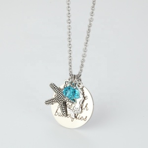 Mer Plage Sirène Lettrage En Acier Inoxydable Sirène Étoile De Mer Étoile De Mer Pendentif Rond Collier "Sirène Bisous & Étoile De Mer Souhaits" - Product Image 2