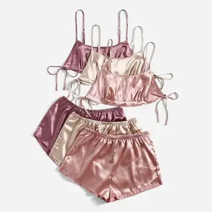 Bán Buôn Phụ Nữ Lụa Ngủ 3 Cái Tie Side Bất Dâu Tằm Lụa Satin Cami PJ Bộ Đồ Ngủ