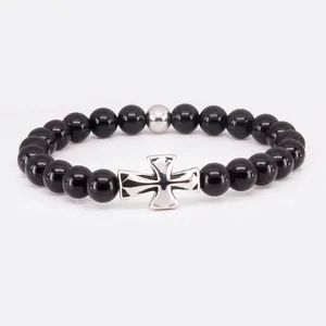 Wholesales Natural jewelry stainless steel black onyx energy beaded bracelets